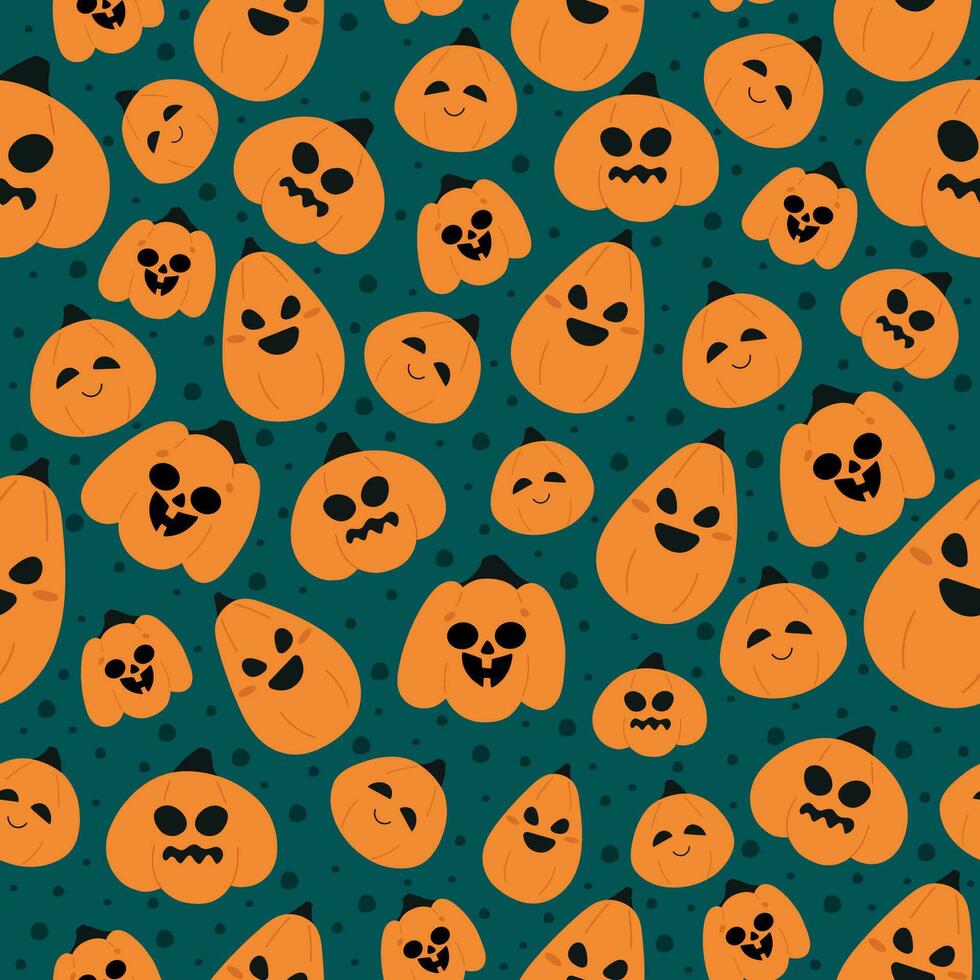 naadloos halloween patroon met griezelig en grappig pompoenen Aan groen achtergrond voor kinderen partij, kleding stof, textiel, achtergronden, uitnodigingen. vector