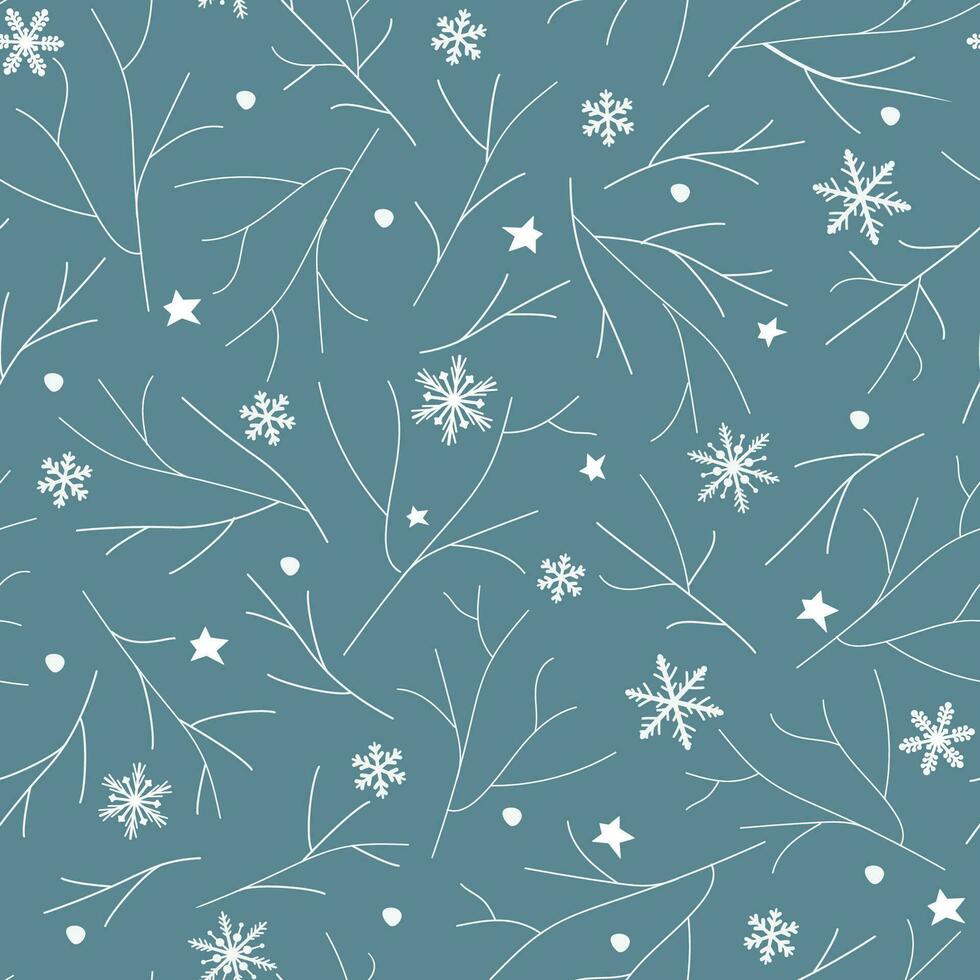 naadloos patroon met winter ijzig ornament. sneeuwvlokken van verschillend vormen, tegen de achtergrond van wit boom takken. abstract vector grafiek.
