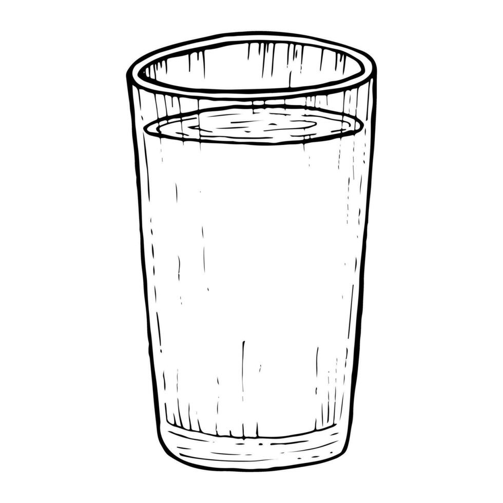 vector glas van water, sap of melk zwart en wit grafisch illustratie in gemakkelijk schetsen stijl