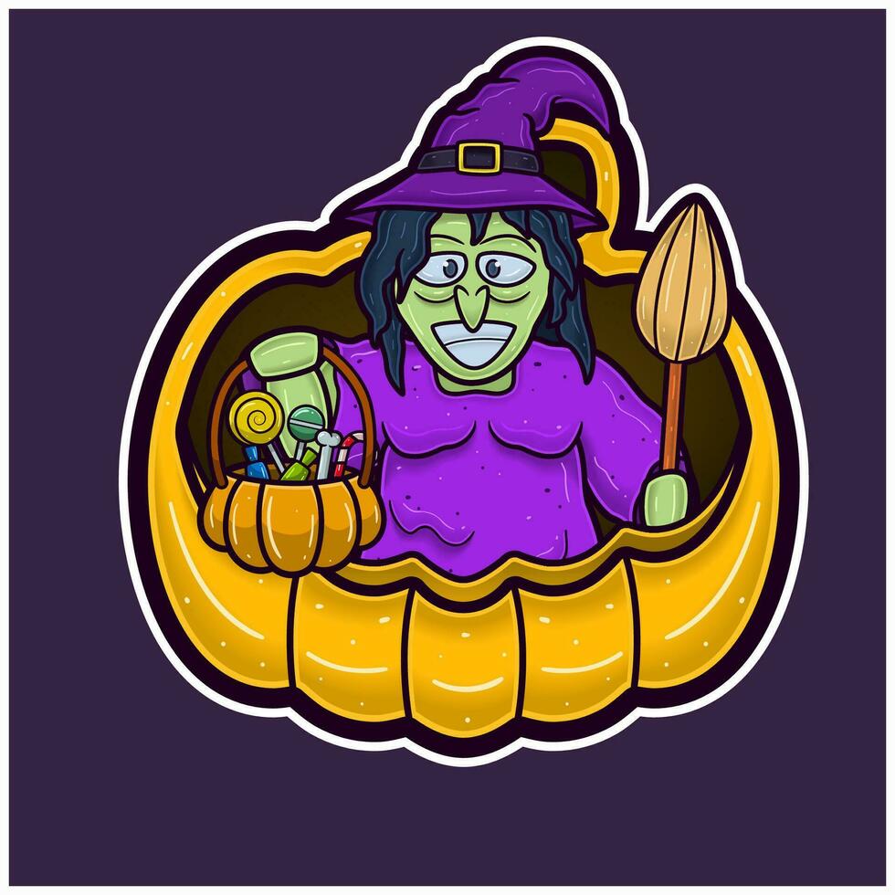 heks Aan groot pompoen tekenfilm. halloween sticker logo. vector