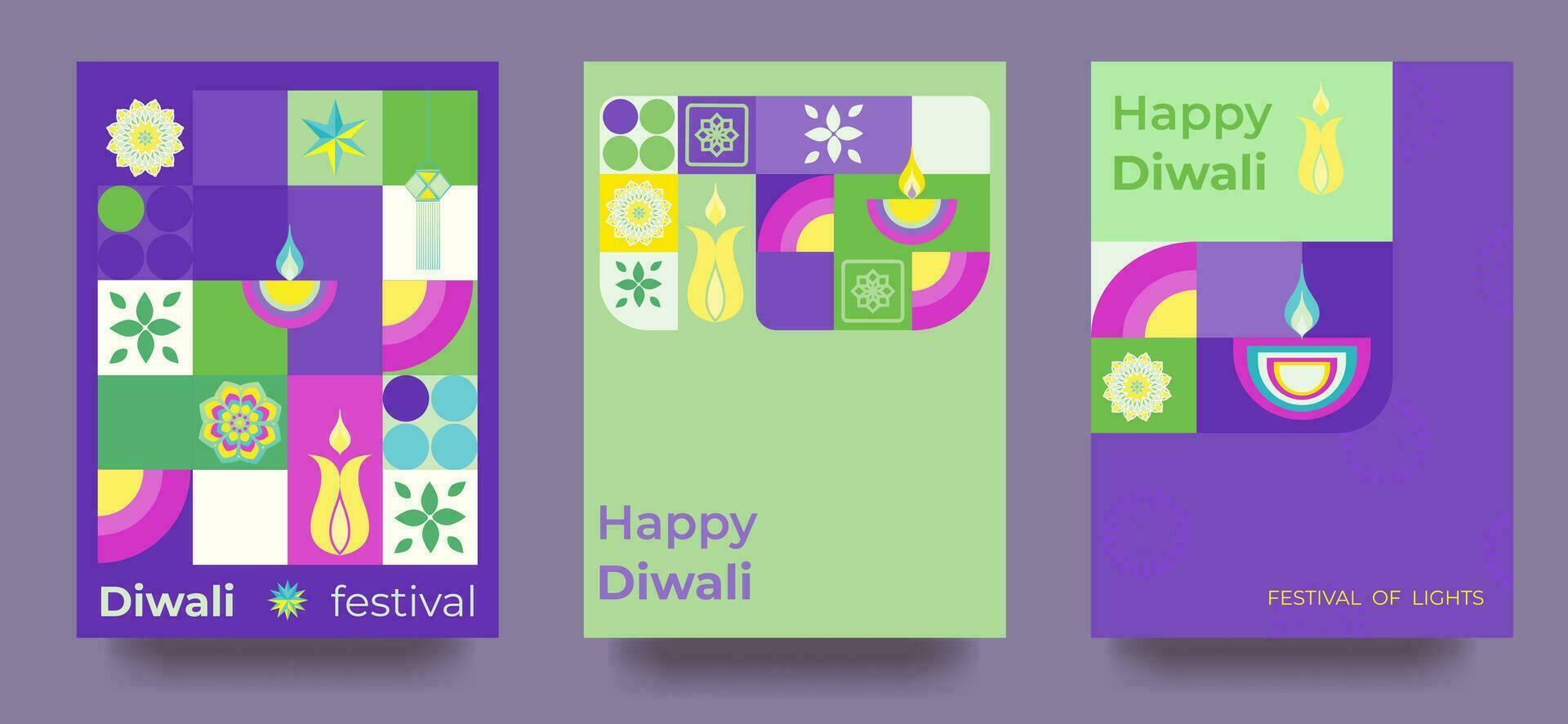 reeks van kaarten voor diwali viering. kleurrijk meetkundig poster in minimalistische stijl. vector illustratie.