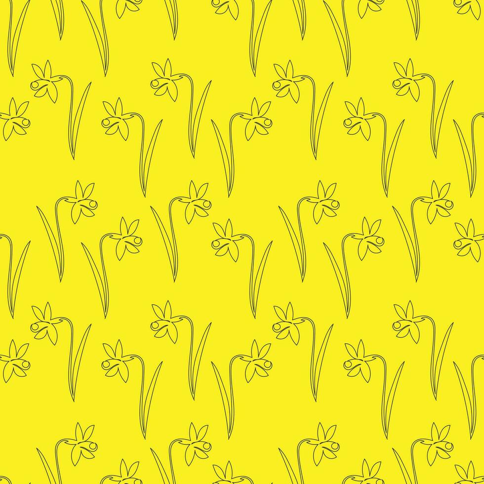 naadloos patroon zwart contour bloemen narcissen Aan een geel achtergrond, doorlopend lijn. tekening vector illustratie, achtergrond voor verpakking, textiel, behang