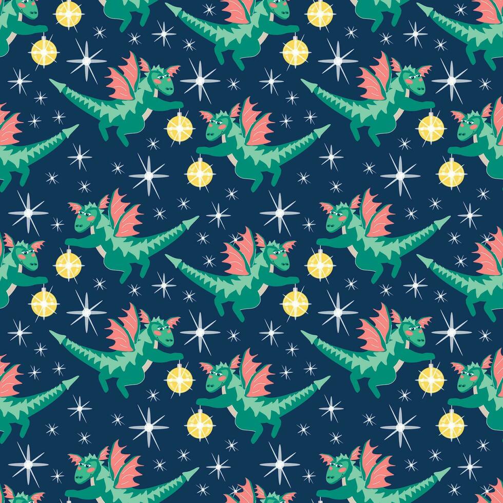 naadloos patroon van groen gevleugeld draken vliegend tussen de sterren met glimmend Kerstmis ballen. vector tekenfilm illustratie van blauw nieuw jaar achtergrond met 2024 symbool voor verpakking, behang