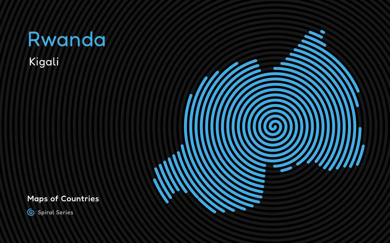 abstract kaart van rwanda in een cirkel spiraal patroon met een hoofdstad van kigali. wereld landen vector kaarten serie. Afrikaanse reeks