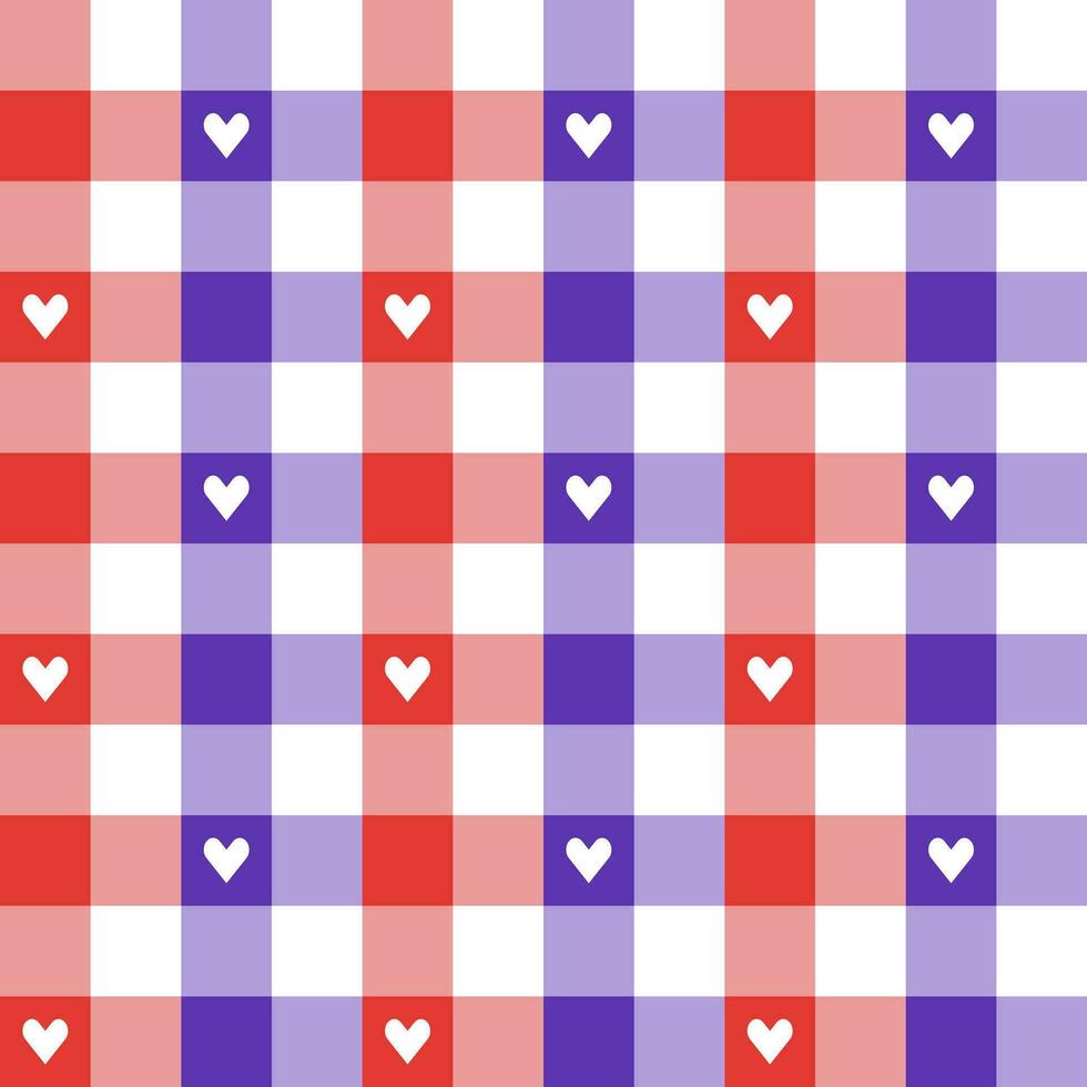 Purper en rood plaid patroon met hart achtergrond. plaid patroon achtergrond. plaid achtergrond. naadloos patroon. voor achtergrond, decoratie, geschenk inpakken, katoenen stof tafelkleed, deken, tartan. vector