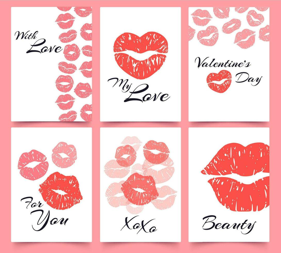 lippen afdrukken. kaart met liefde, valentijnsdag dag en mode kus afdrukken kaarten vector illustratie reeks