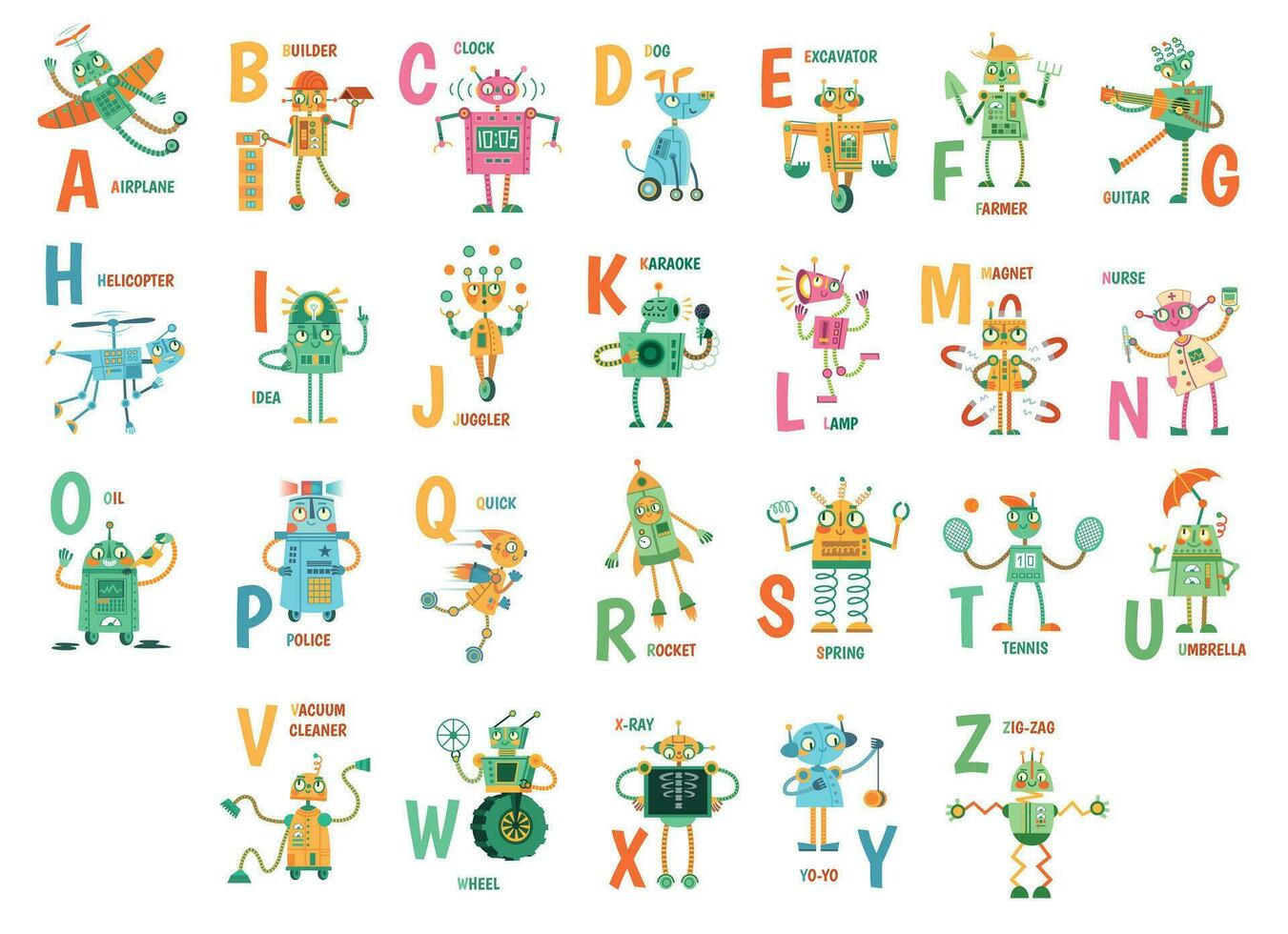 tekenfilm robots alfabet. grappig robot karakters, abc brieven voor kinderen en onderwijs poster met robot vriend mascottes vector illustratie reeks