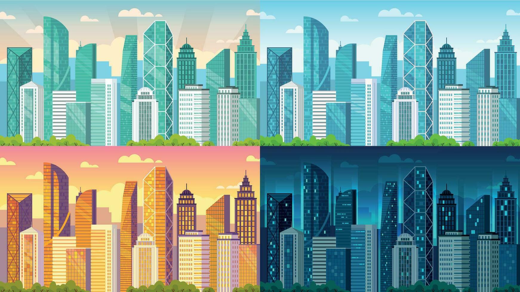 dag tijd stadsgezicht. stad gebouwen Bij ochtend, dag, zonsondergang en nacht stad- visie tekenfilm vector achtergrond illustratie reeks