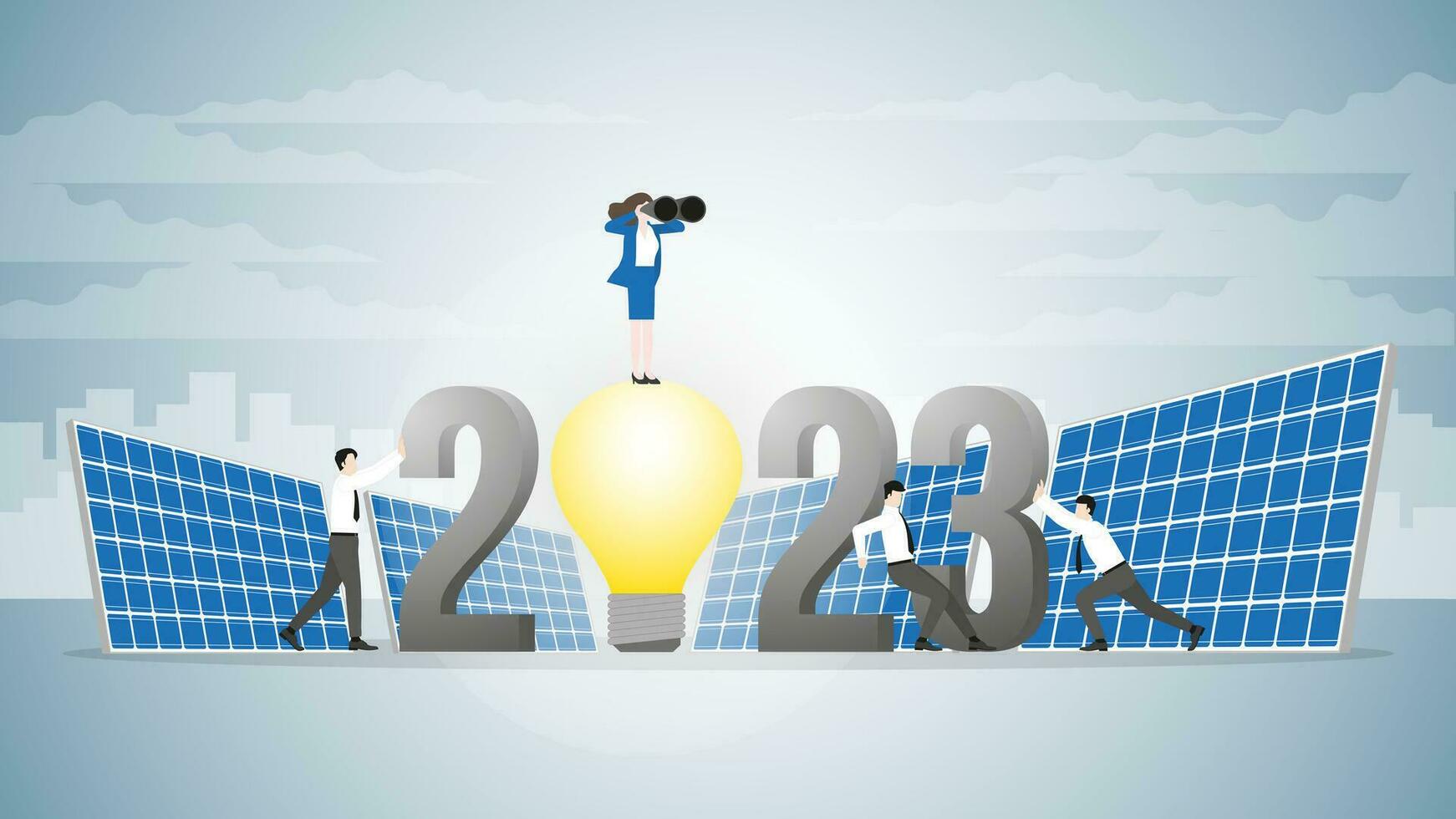 visie zakenvrouw gebruik verrekijker Aan 2023 licht lamp aangedreven door zonne- cellen met team steun. vector