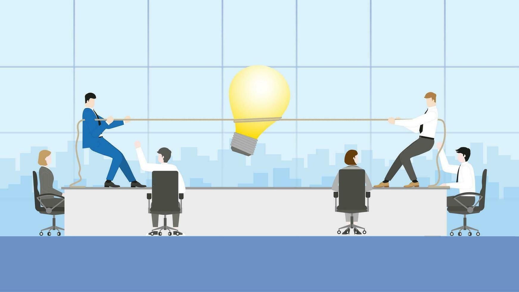 oss vs medewerker. zakenlieden Trekken een touw voor een groot licht lamp in een ontmoeting. vector