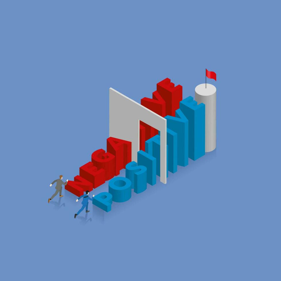 zakenman loopt en stappen omhoog trap met een concurrent, trappenhuis is de tekst woord negatief en positief vector