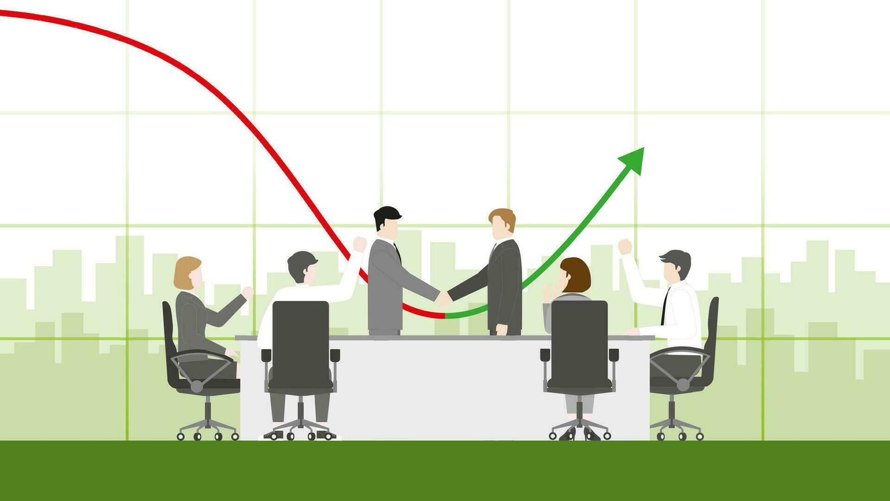 werknemer in een vergadering kamer met financieel rood diagram beurt naar toenemen omhoog groen grafiek. baas schudden hand- met genoegen. vector