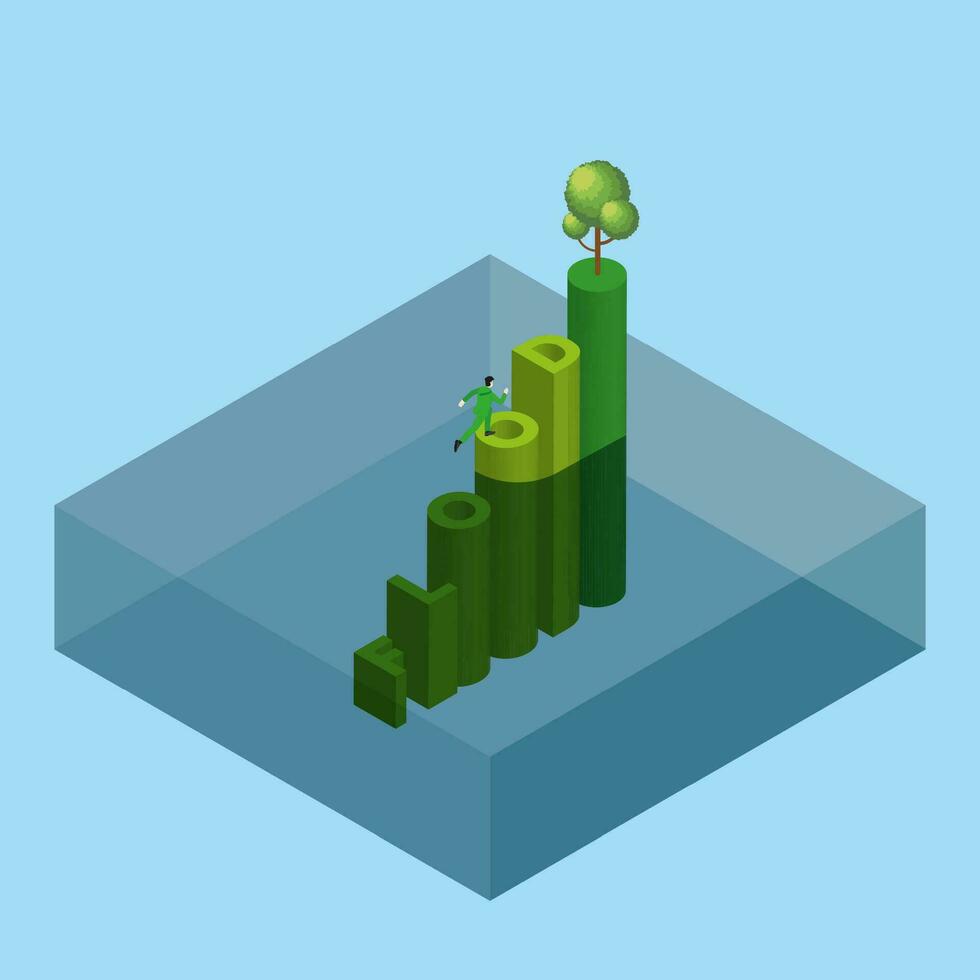 zee niveau opstaan, overstroming, klimaat Wijzigen, kas effect, ontbossing. een Mens loopt en stappen omhoog een tekst woord overstroming vector