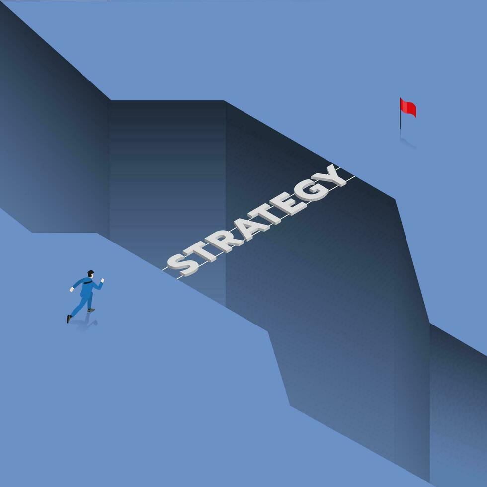 zakenman loopt naar een brug tekst woord, aan de overkant een afgrond, spleet land- voor een rood vlag doel. vector