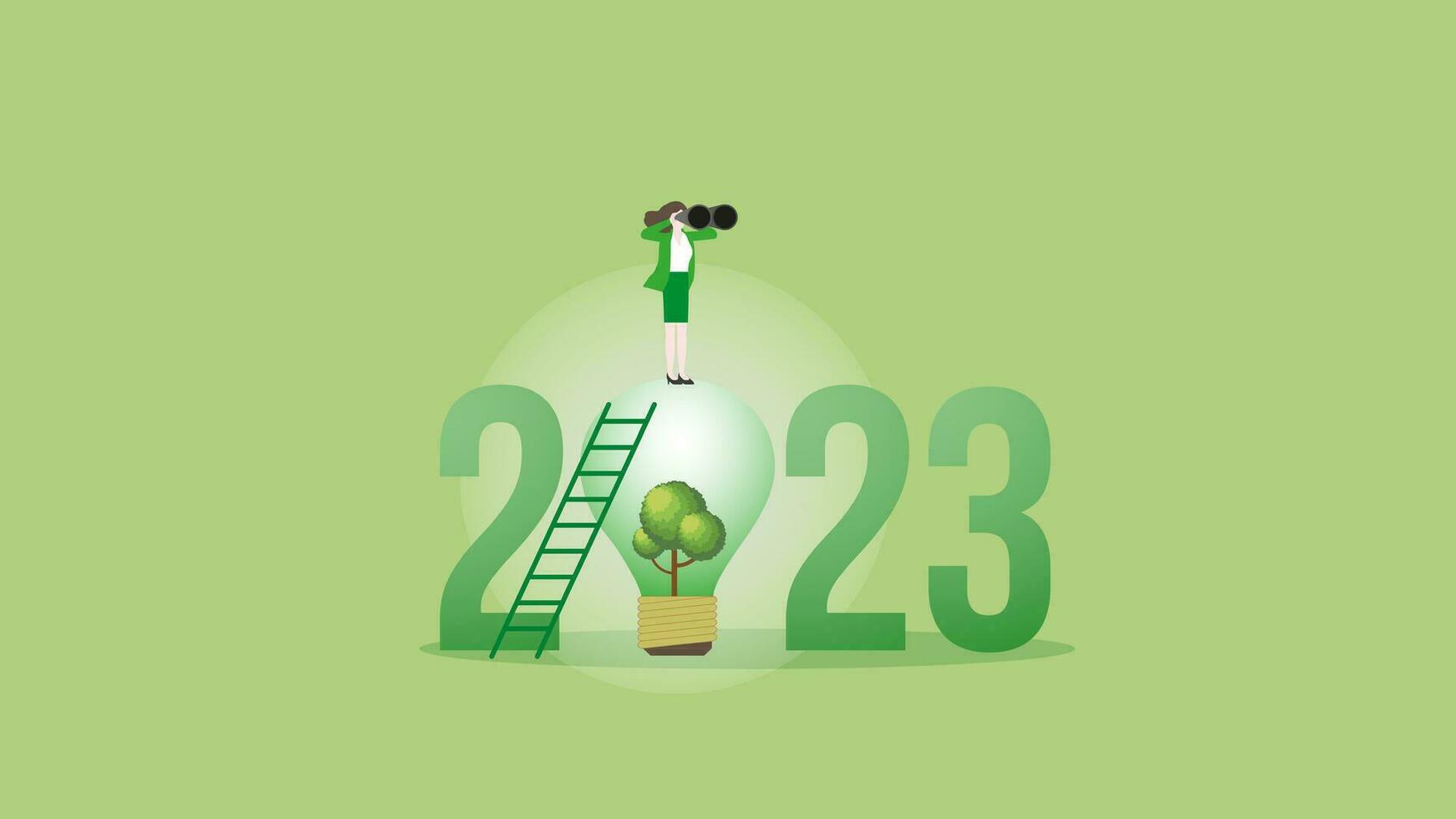 visie zakenvrouw Aan de jaar 2023 en boom licht lamp. vector