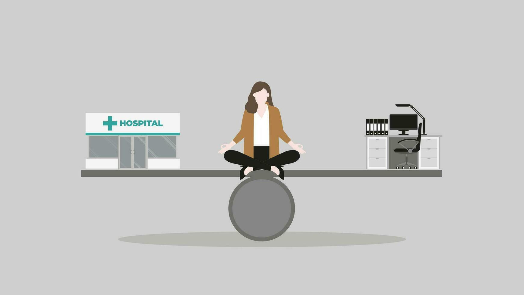 een meditatie vrouw zit en denkt Bij centrum van een wip straal tussen een dokter met een ziekenhuis en werken bureau vector