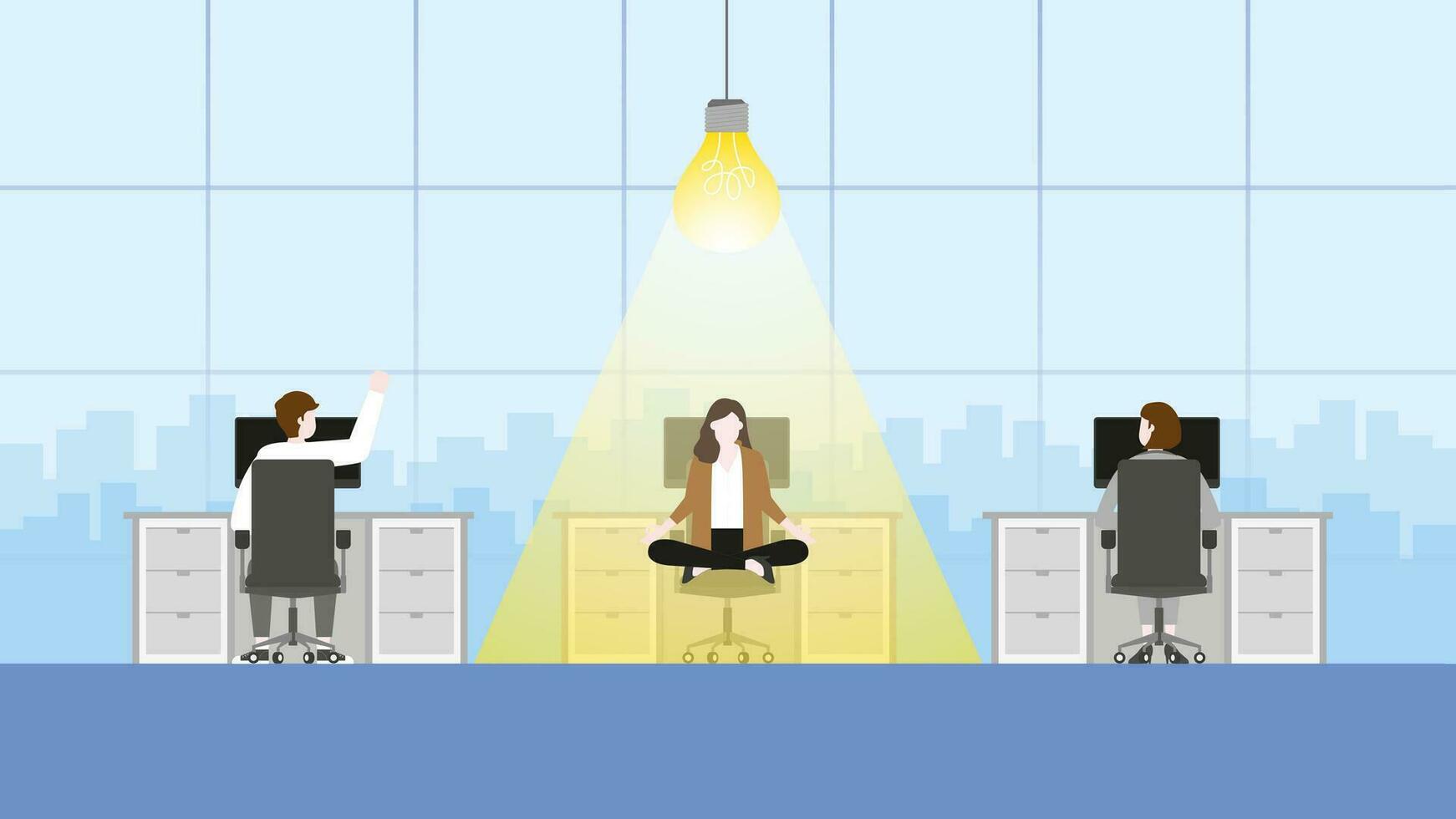 een zakenvrouw mediteert met licht lamp in werkplek. vector