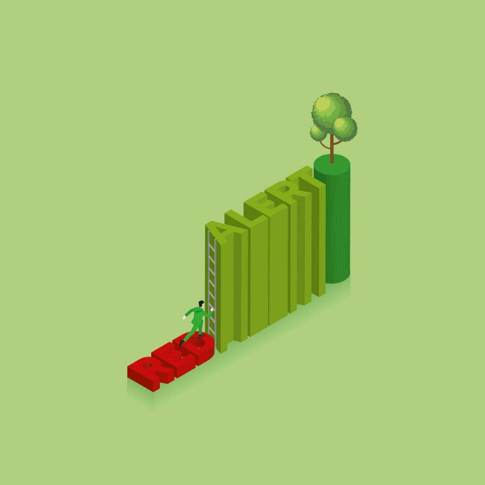 een Mens rennen doel naar doelwit Aan tekst rood en beklimmen omhoog naar woord alarm door ladder vector