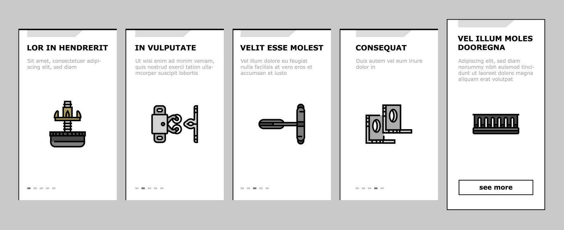 hardware meubilair uitrusting onboarding pictogrammen reeks vector