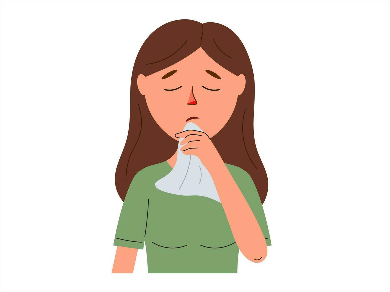 ongezond vrouw blazen neus- lijden van griep of koud. ziek mensen worstelen met Gezondheid problemen, hebben influenza of covid symptomen. vector illustratie