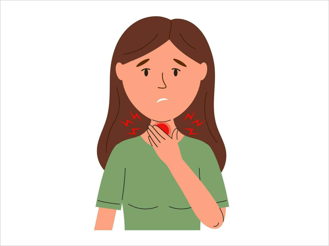 vrouw heeft een zeer keel. ziek mensen worstelen met Gezondheid problemen, hebben influenza of covid symptomen. vector illustratie