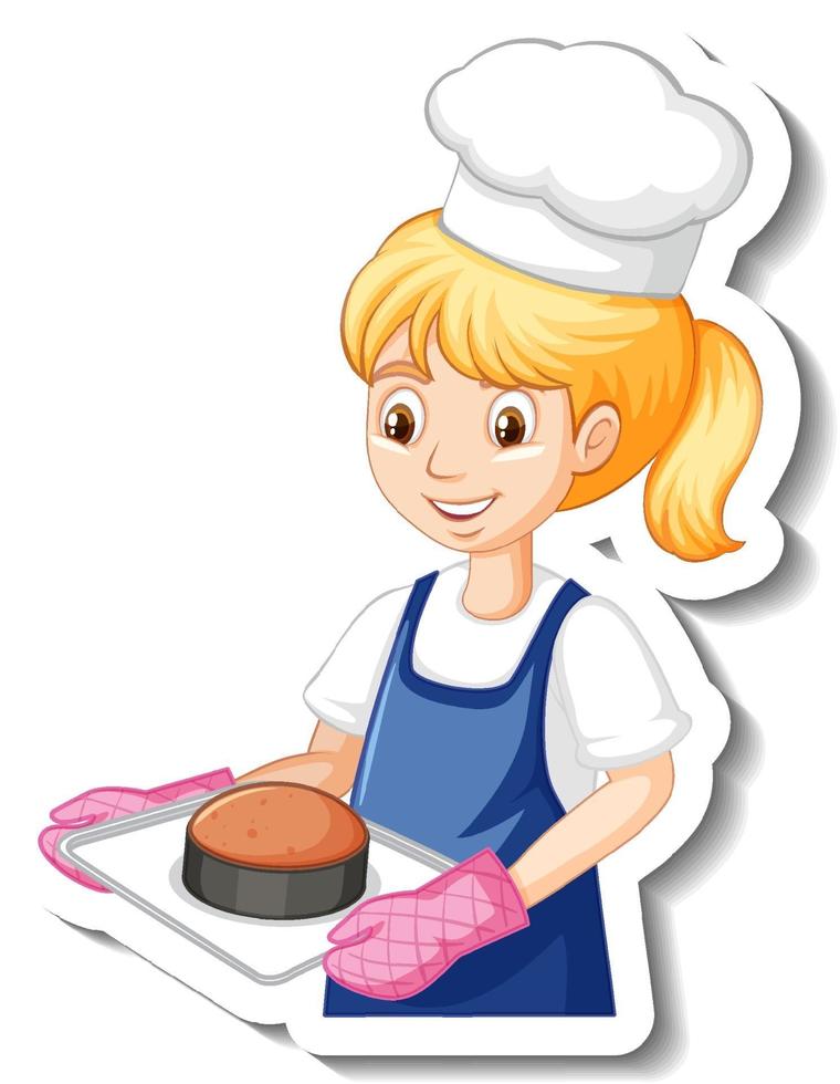 chef-kok meisje met gebakken dienblad stripfiguur sticker vector
