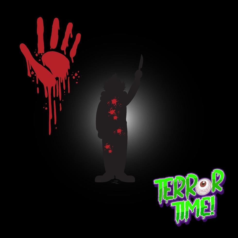 terror time-logo met bloedige handafdruk en clownsilhouet vector