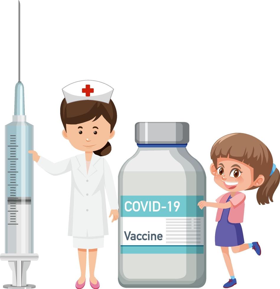 stripfiguur van een verpleegster en een meisje met spuit en vaccinflacon vector