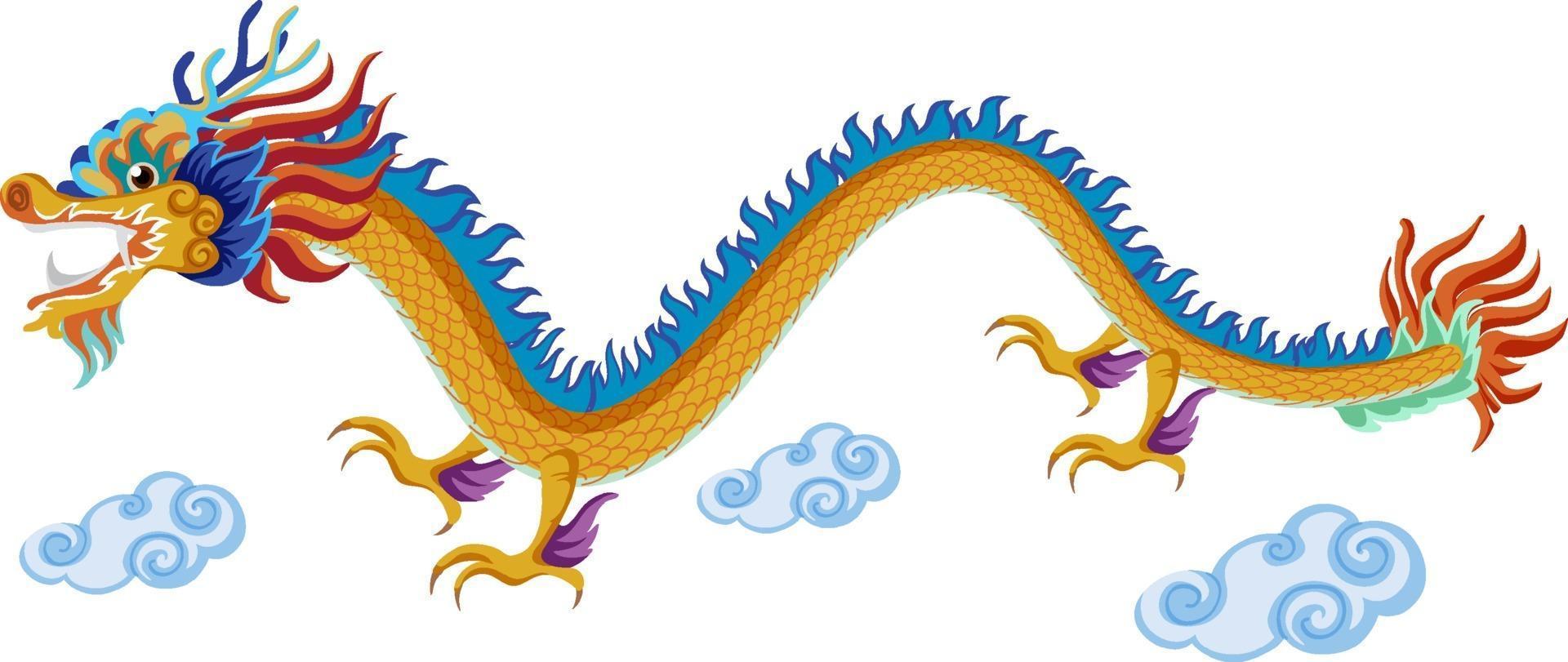 Chinese draak die over wolken vliegt die op witte achtergrond worden geïsoleerd vector