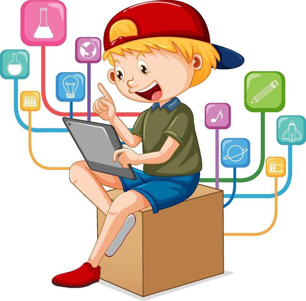 een jongen die tablet gebruikt voor online afstandsonderwijs vector