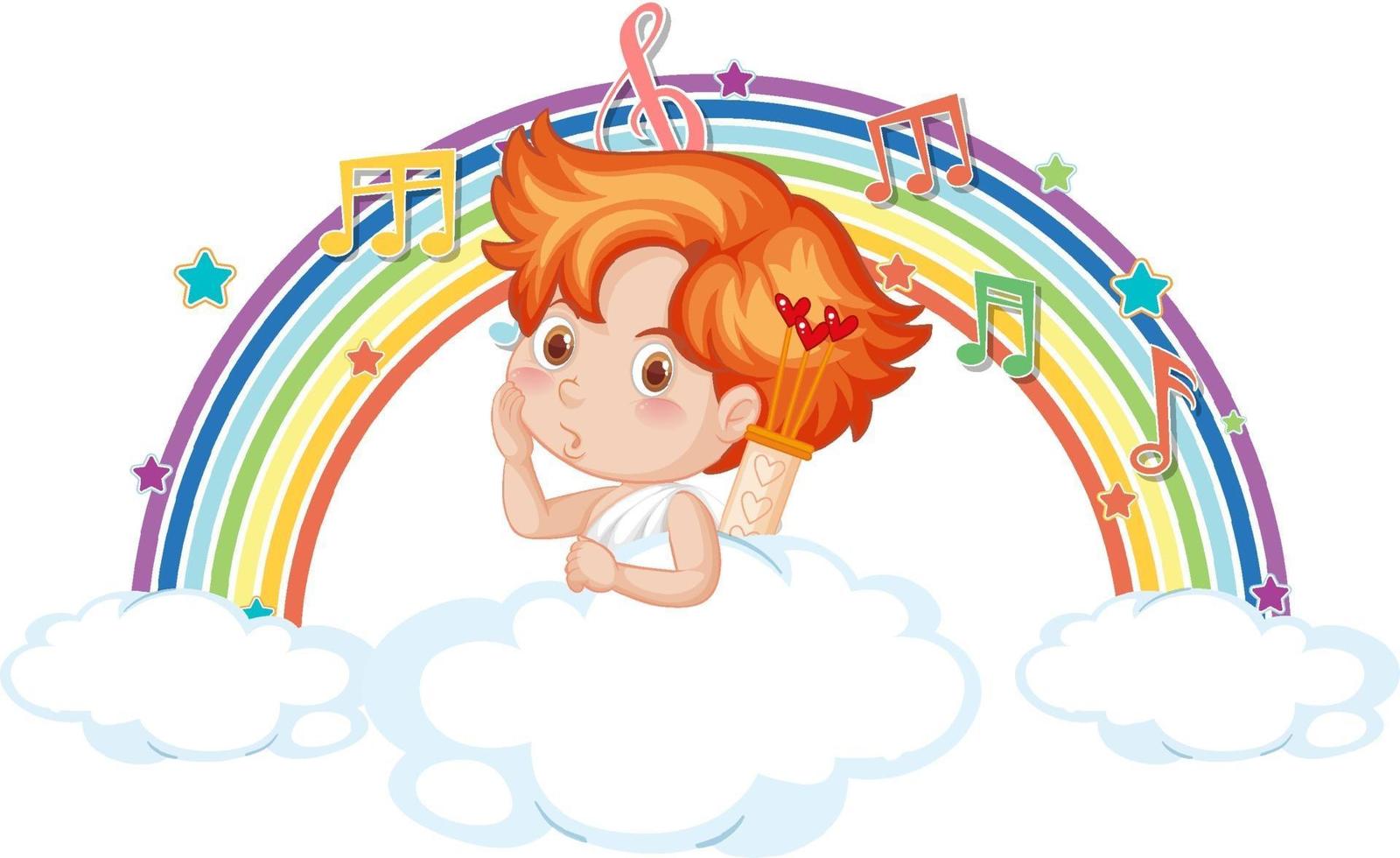 cupidojongen op de wolk met melodiesymbolen op regenboog vector