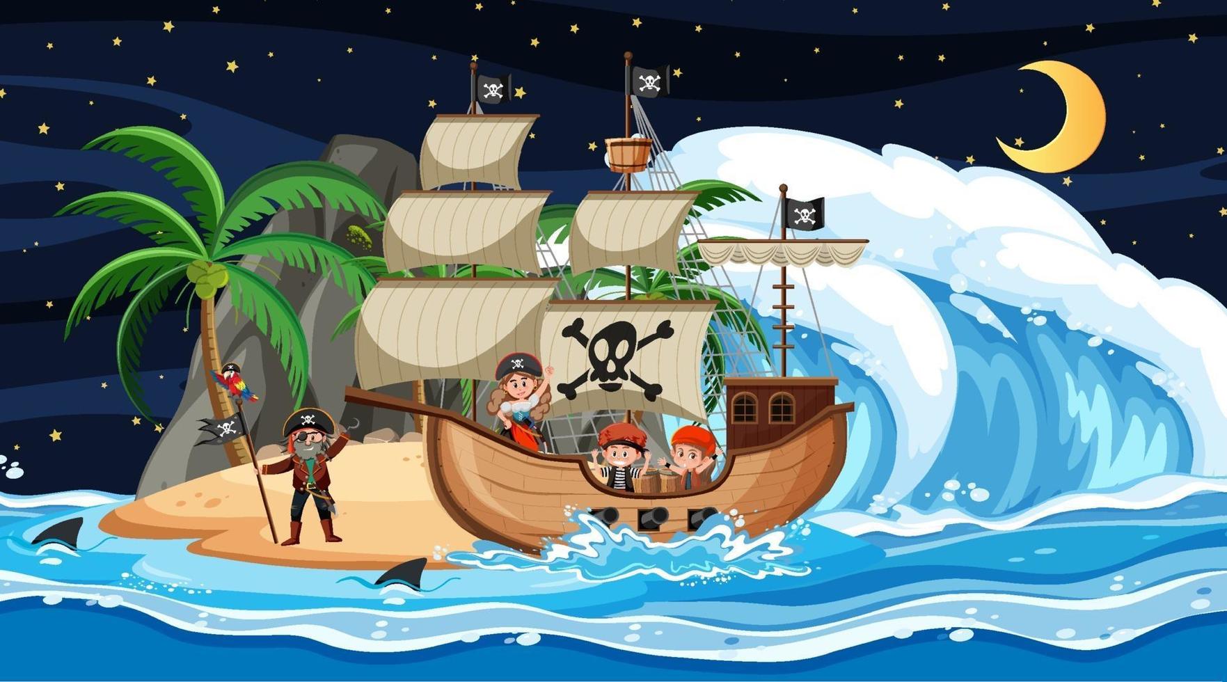 eiland met piratenschip bij nachtscène in cartoonstijl vector