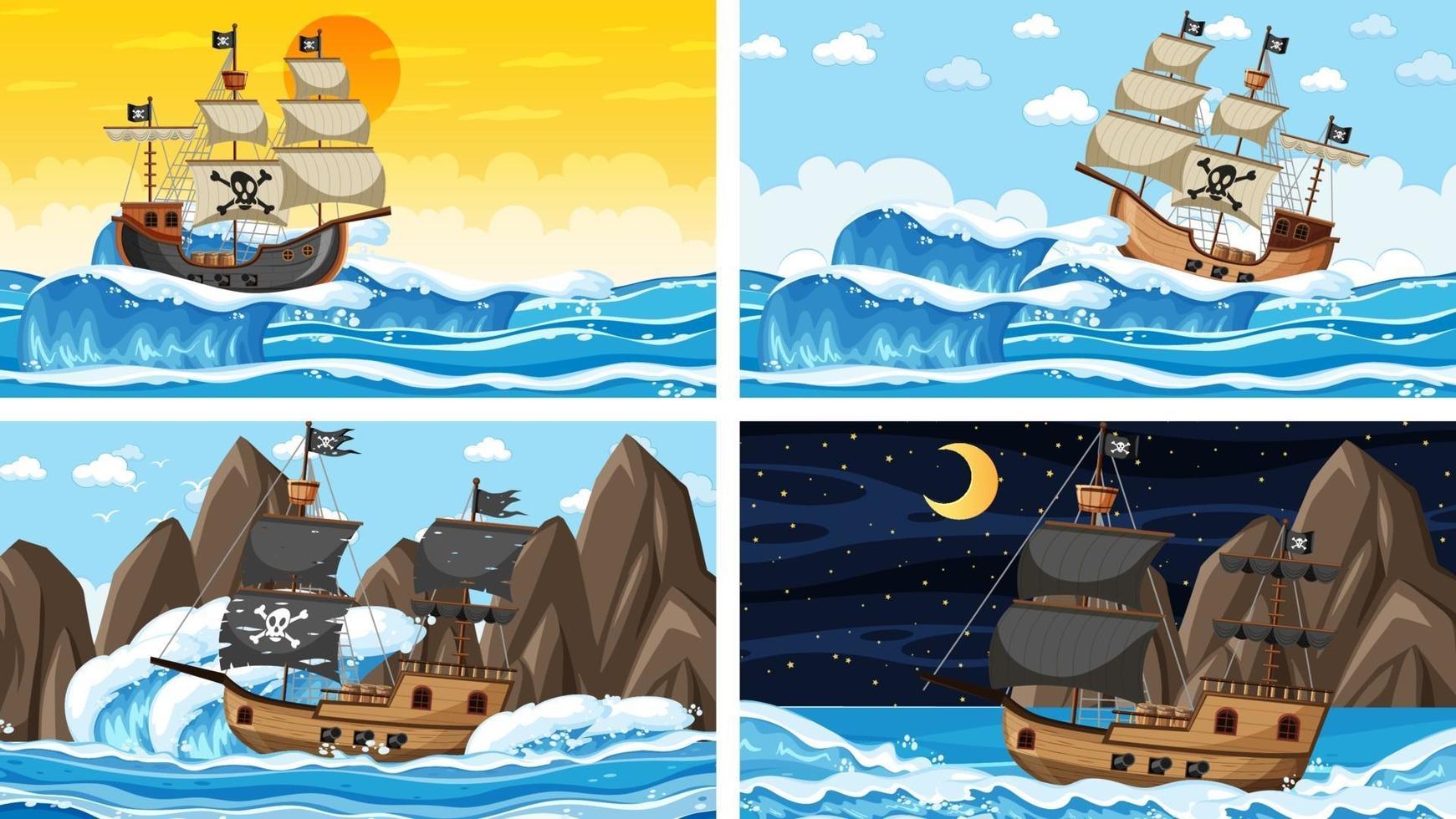 oceaantaferelen met piratenschip op verschillende tijden vector