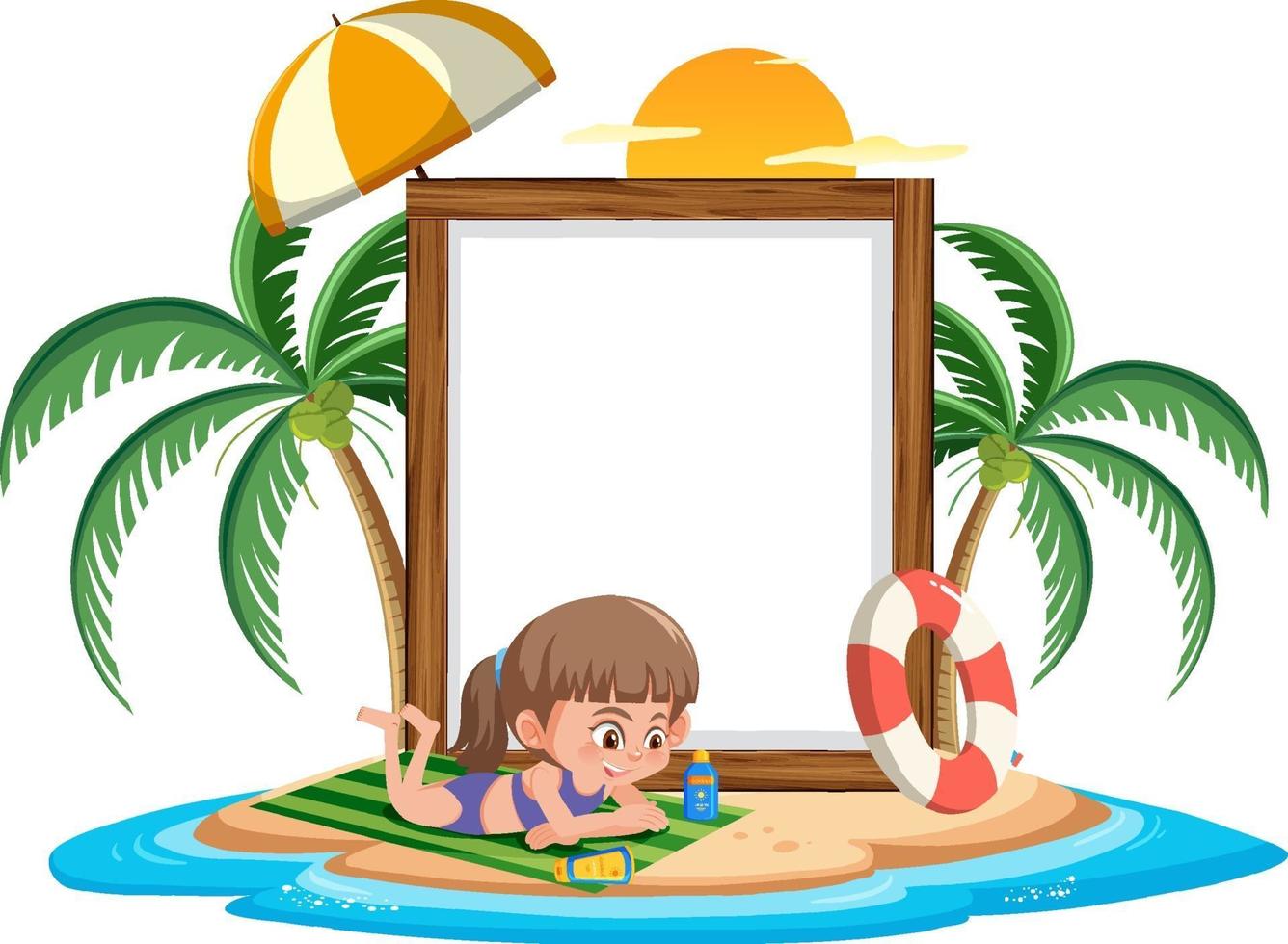 leeg houten frame met een meisje op het strand geïsoleerd vector