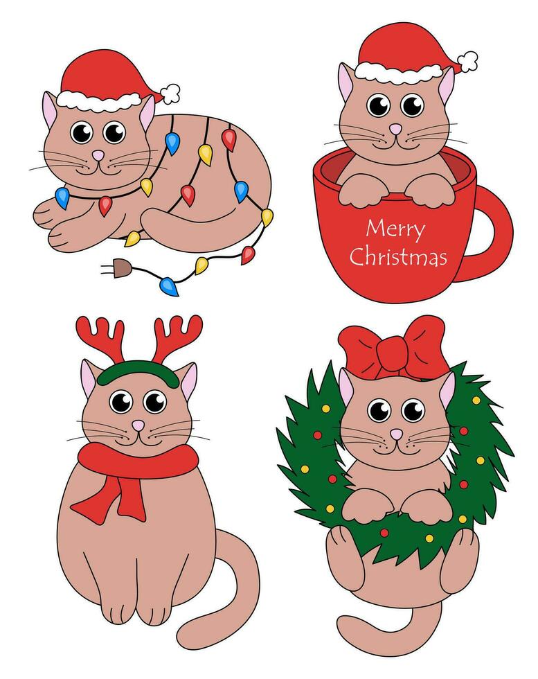 reeks van tekenfilm Kerstmis en nieuw jaar kat karakters. schattig kittens in beker, guirlande, hert gewei hoofdband, lauwerkrans. vector vlak illustratie.