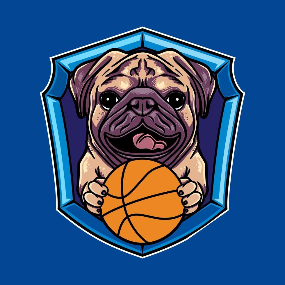 vector grafisch logo ontwerp mopshond cartoon vintage retro basketbal