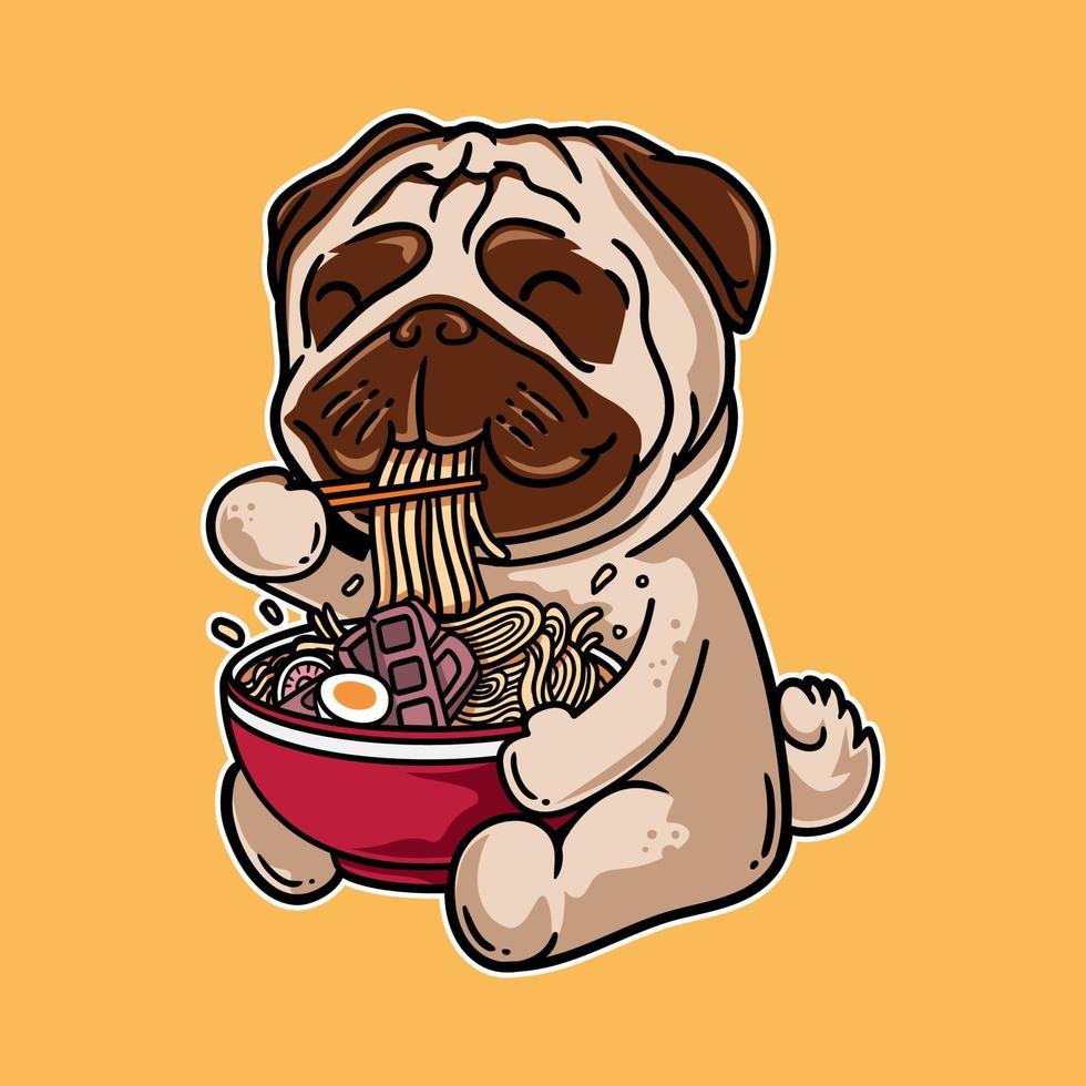 vector illustratie pug dog eten ramen noedels vintage retro japans