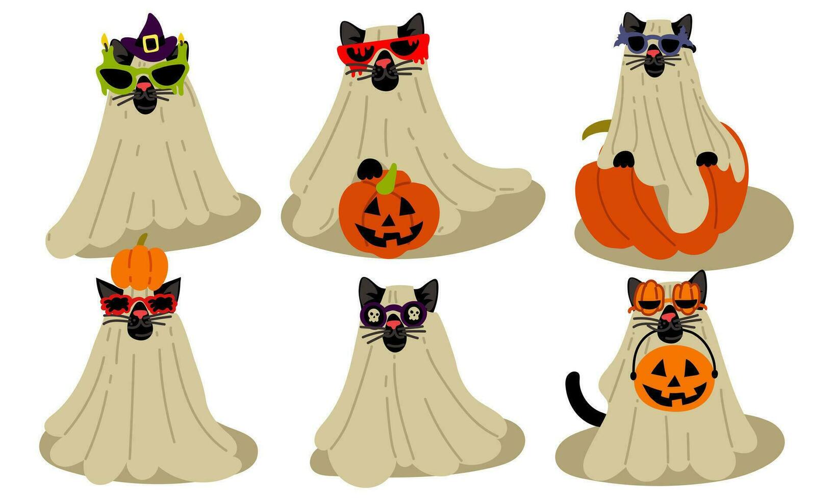 een reeks van katten in een vel en bril voor halloween geïsoleerd Aan een wit achtergrond. schattig zwart kat in verschillend bril met verschillend elementen. grappig kostuum. vlak vector illustratie Aan een wit