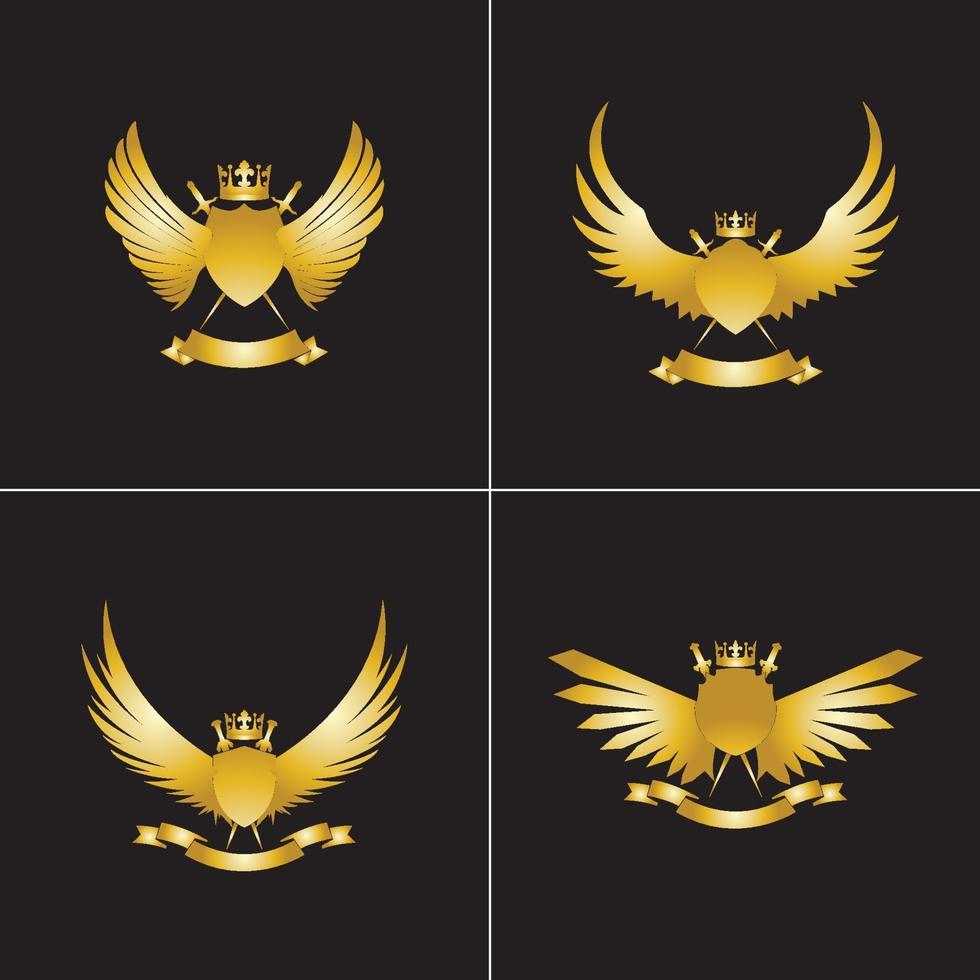 heraldische compositie met kroon, zwaarden, vleugels, schild en lint. vector