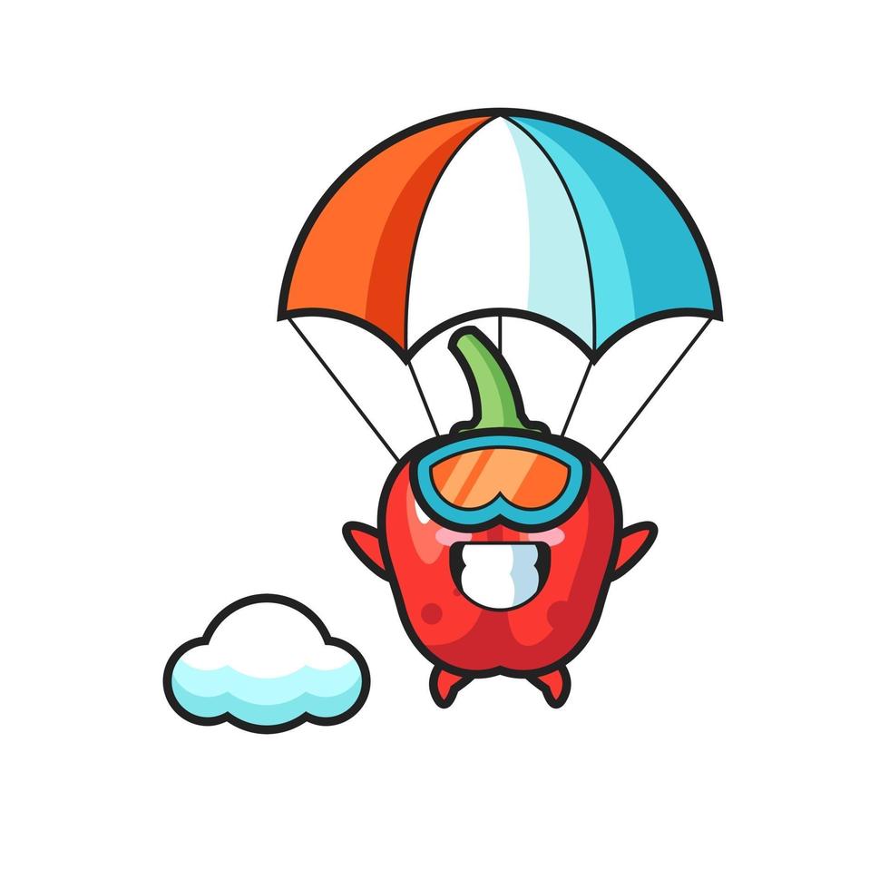 rode paprika mascotte cartoon is aan het parachutespringen met een blij gebaar vector