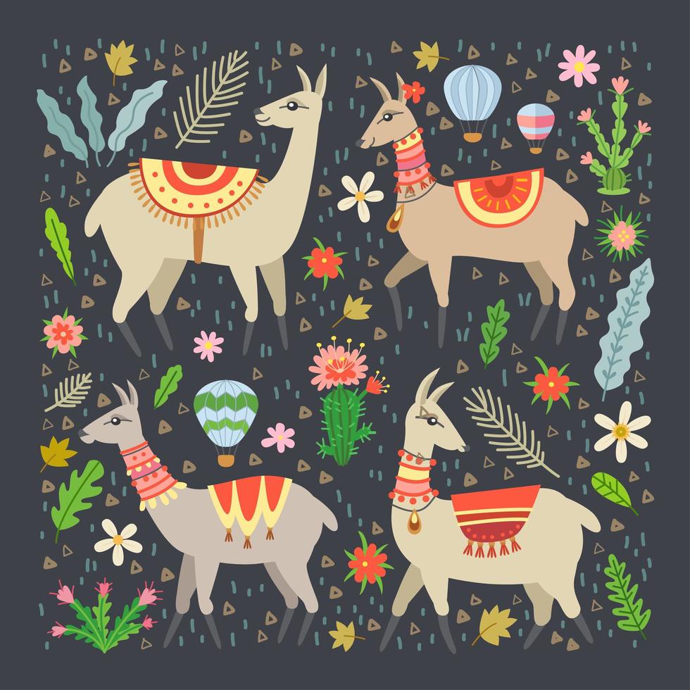 lama in cartoon-stijl. lama en cactussen. vector