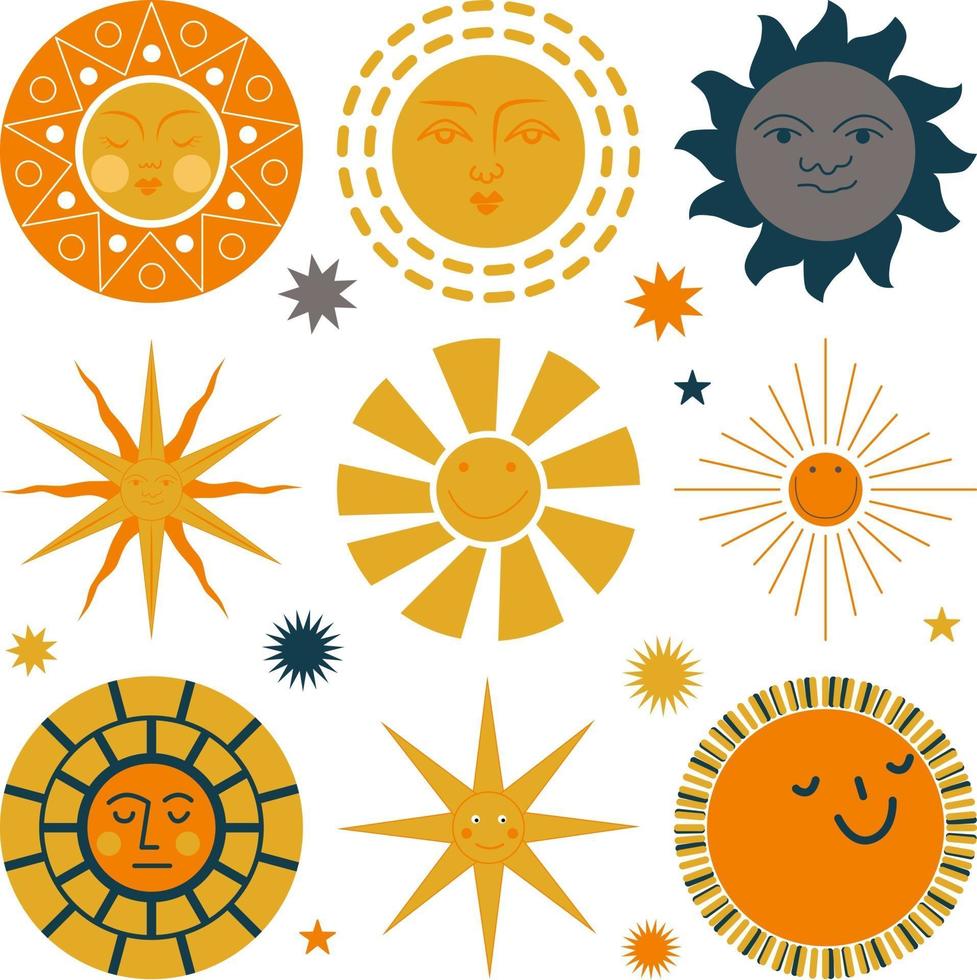 reeks zonnen met verschillende gezichten vector