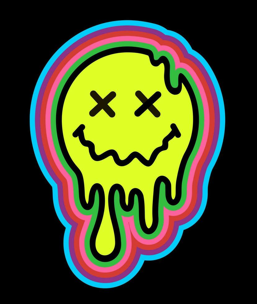 grappig psychedelisch surrealistische techno zuur LSD smelten glimlach gezicht logo. druipend glimlach. mooi zo humeur. positief emoji. gesmolten. vector emoji. Gesloten ogen.