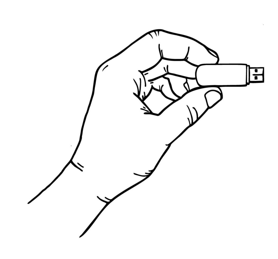 hand- Holding USB flash drijfveer. informatie inwoner, flash kaart USB. vector grafiek in schetsen stijl. hand getekend schets zwart lijn. geïsoleerd beeld Aan een wit achtergrond.