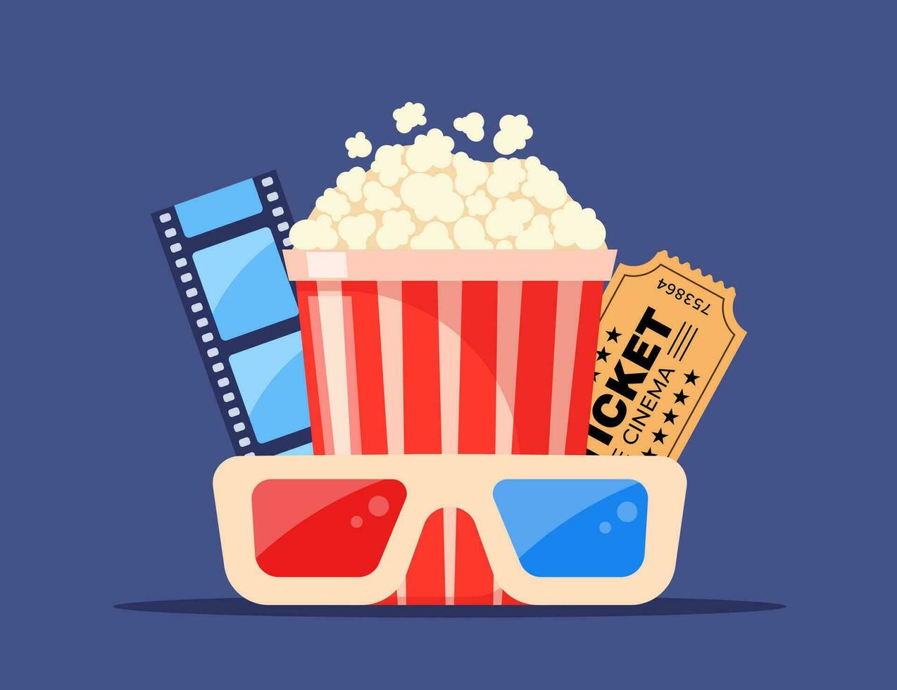 film tijd. samenstelling met popcorn, filmklapper, 3d bril en filmstrip. bioscoop poster, banier ontwerp voor film theater. vector illustratie.