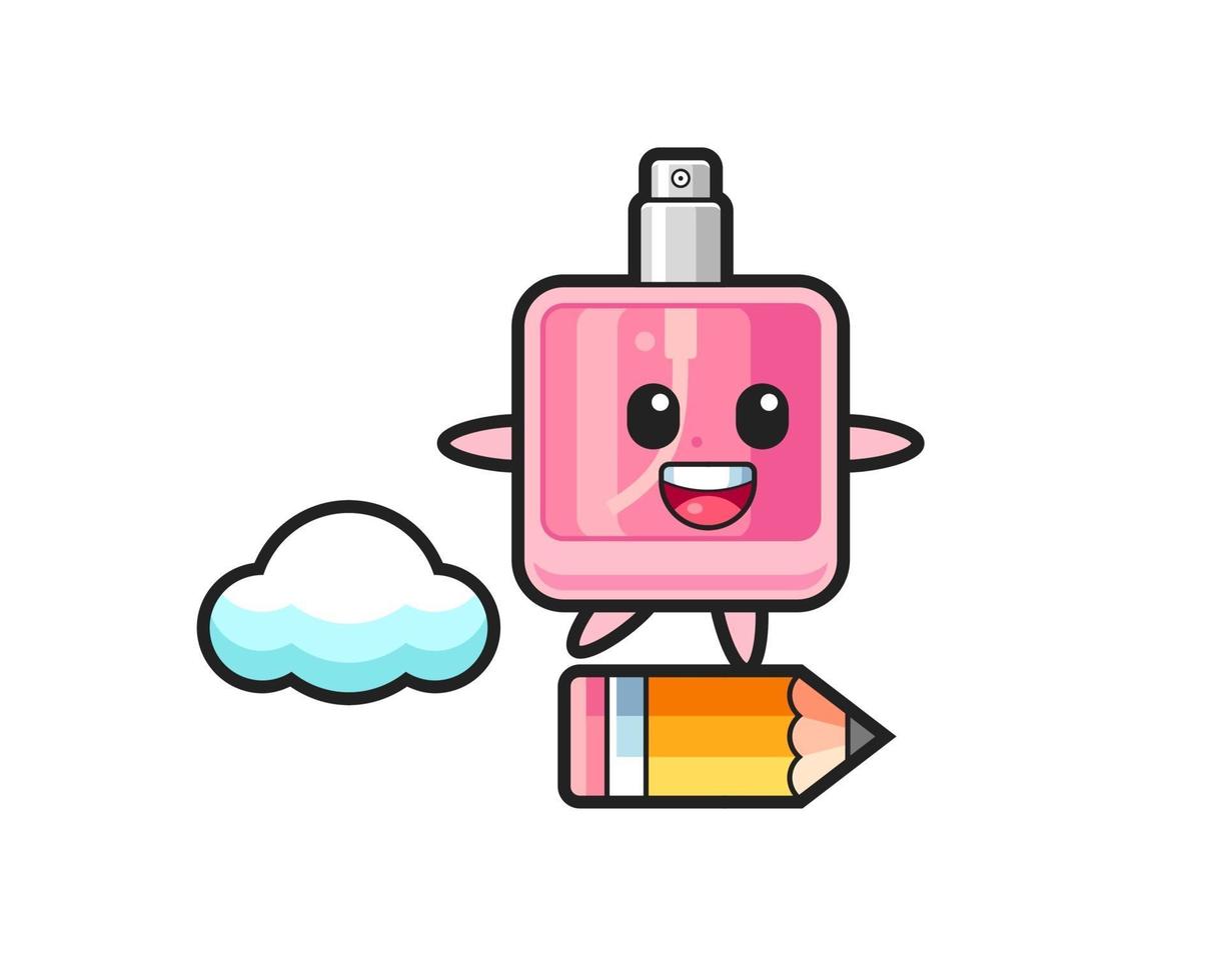 parfum mascotte illustratie rijden op een gigantisch potlood vector