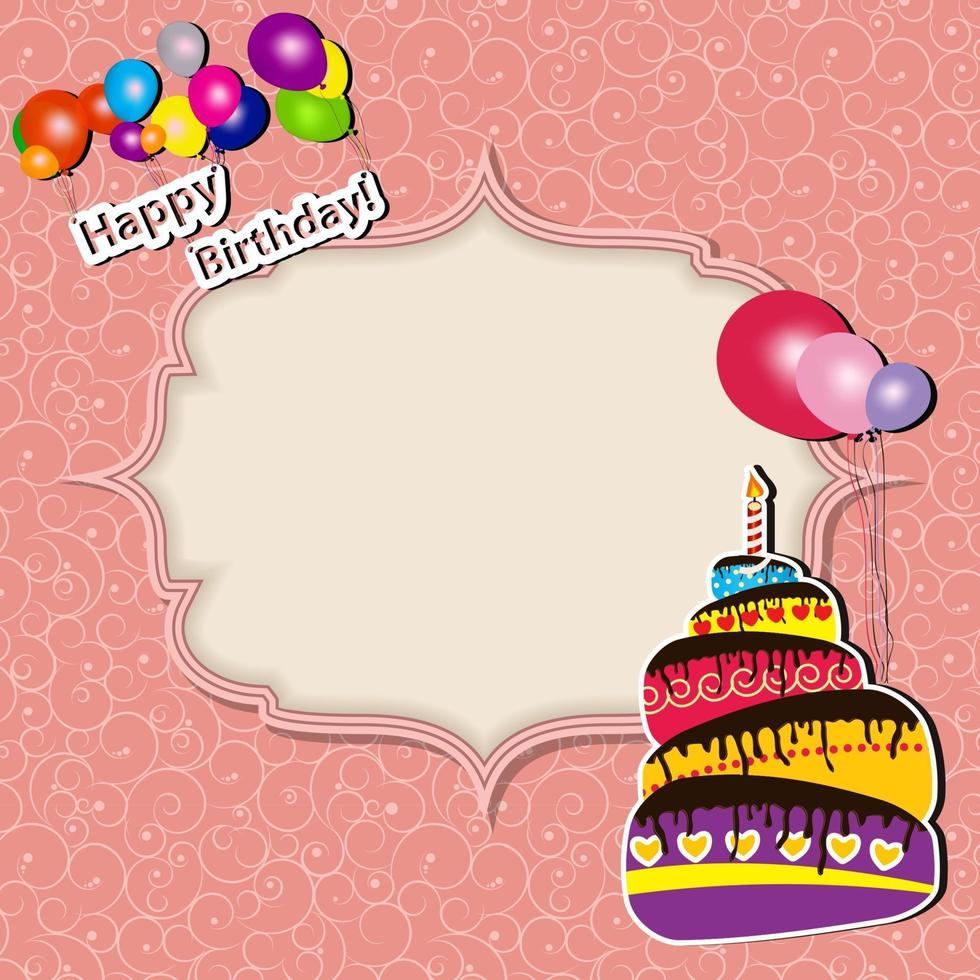 vectorillustratie van verjaardagskaart met cake en ballonnen vector