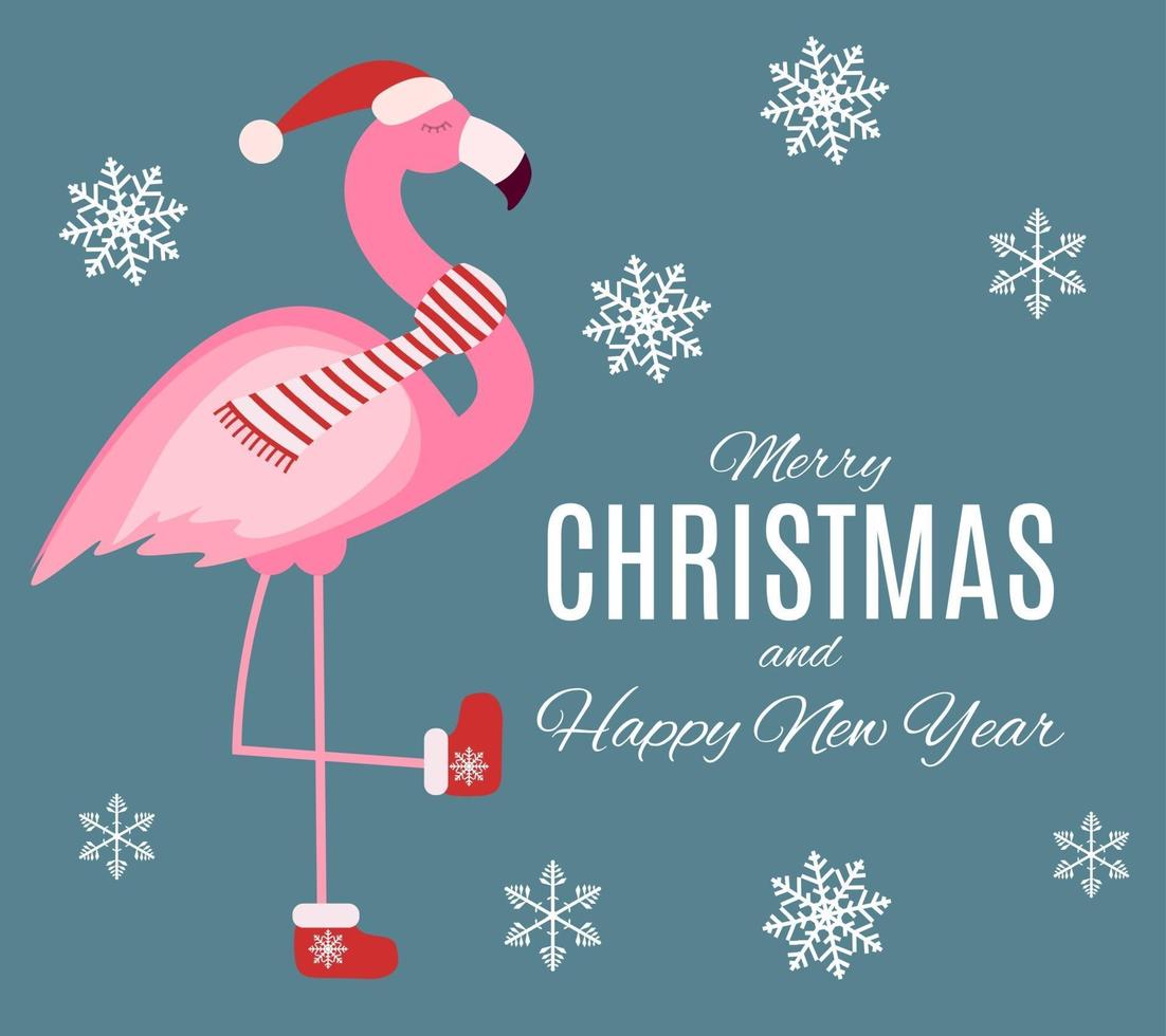 schattige roze flamingo nieuwjaar en kerstachtergrond vector