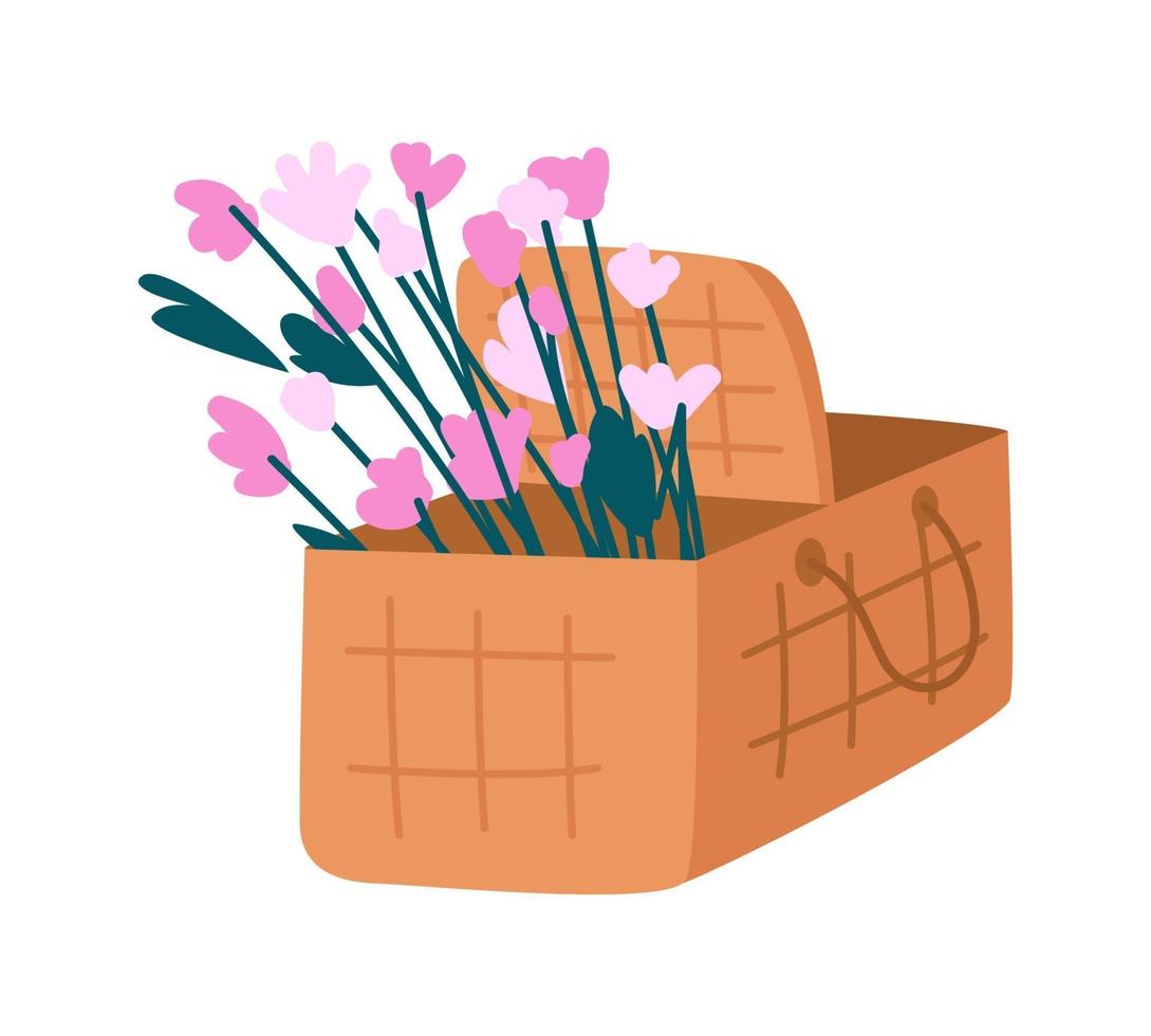 picknickmand met bloemen semi-egale kleur vectorobject vector