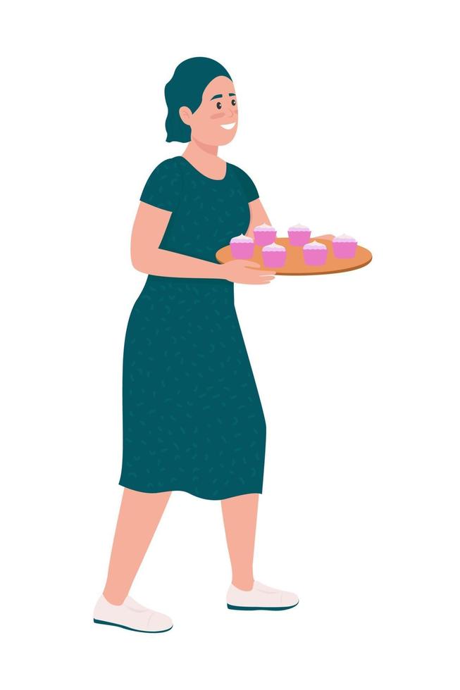 gelukkige vrouw met roze cupcakes semi-egale kleur vectorkarakter vector